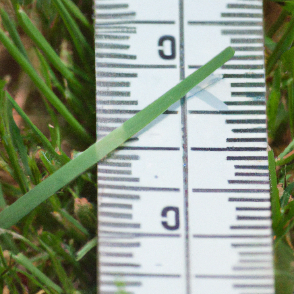 Close-up van grassprieten met liniaal voor juiste maaihoogte